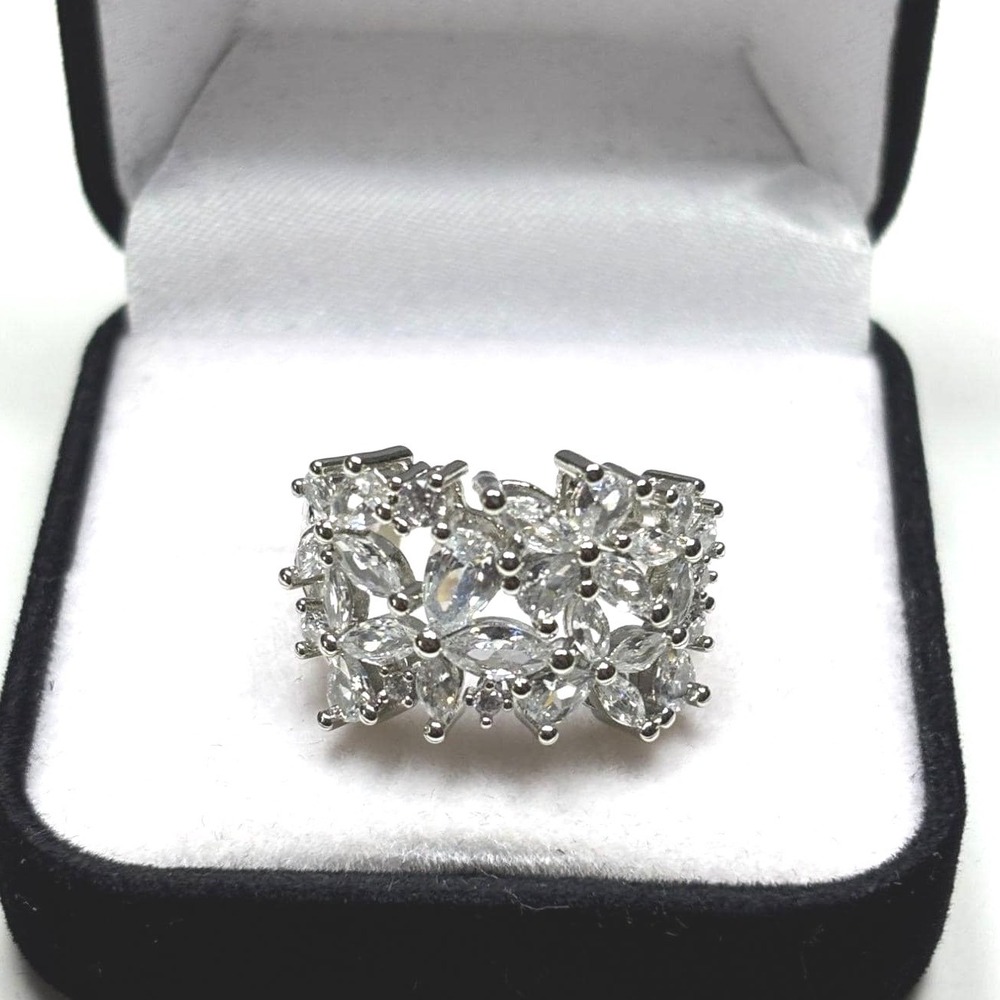 Ring 925 Sterling Silver Clear Floral Marquise Cluster Statement New size 9